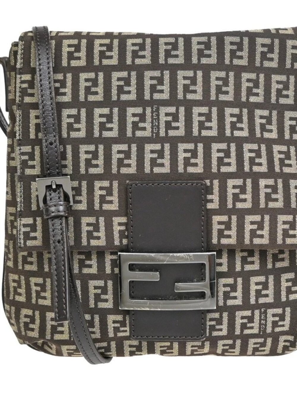 FENDI Logo Zucchino Pattern Shoulder Bag Canvas Leather Brown SHW Italy 87KE228